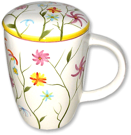 Flowerpower Teebecher mit Deckel und Teesieb aus Keramik