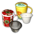 Teebecher und Teetassen mit Sieb und Deckel